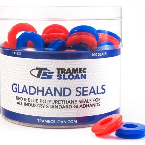 Gladhand Seal Retail Bucket Display, Red & Blue Poly Seals