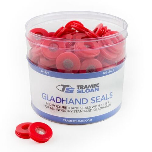 Gladhand Seal Retail Bucket Display, Red Poly Seals w/ Built-In Filter